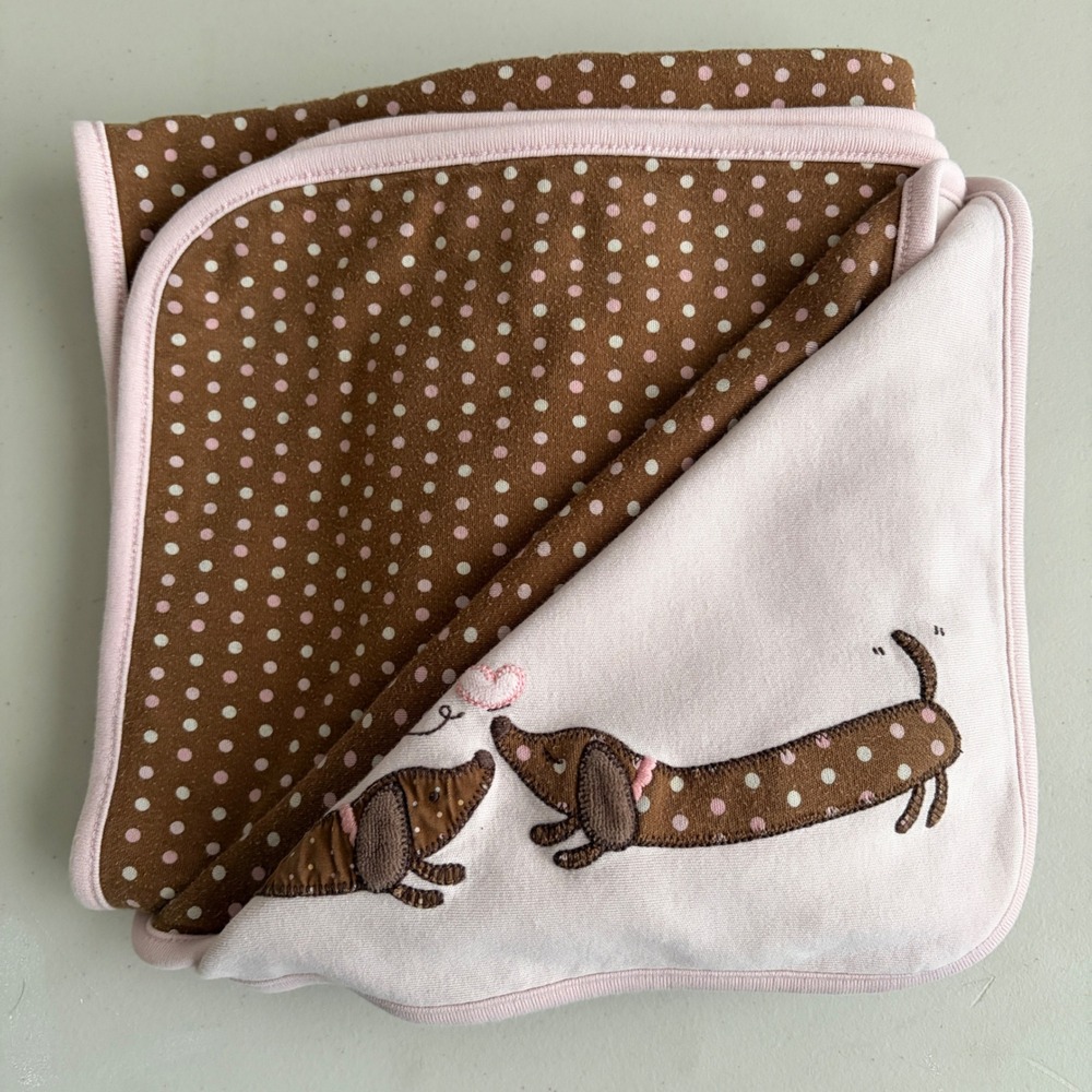 Gymboree Teenie Weenie 2007 Vtg Brown Pink Polka Dot Dachshund Dog Baby Blanket